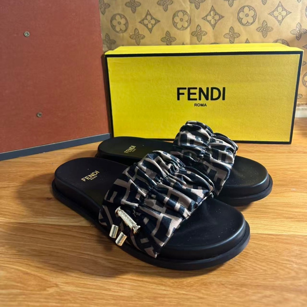 FENDI Black Brown FF Print Satin Slides